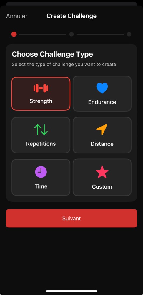 ZON App Challenge Creation - Choose challenge type: strength, endurance, repetitions, distance, time or custom