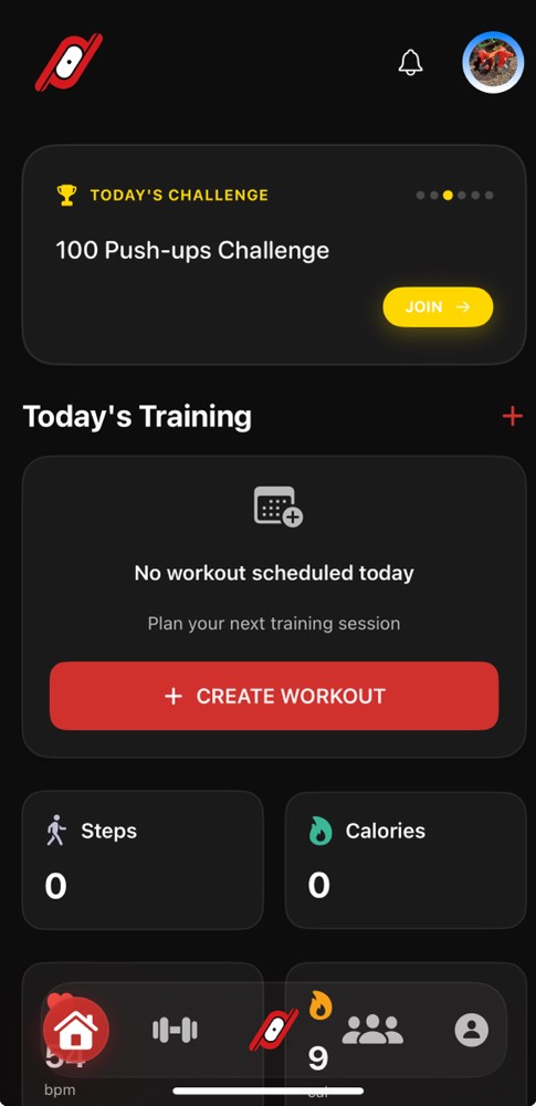 ZON App Home Dashboard - Today's challenges, training schedule and activity metrics