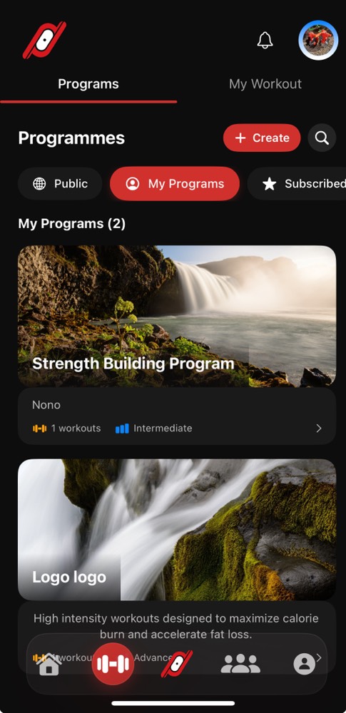 ZON App Programs View - Create and manage personalized workout programs