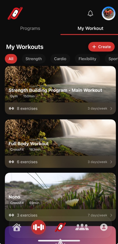 ZON App Workout View - My workouts with strength, cardio and flexibility programs